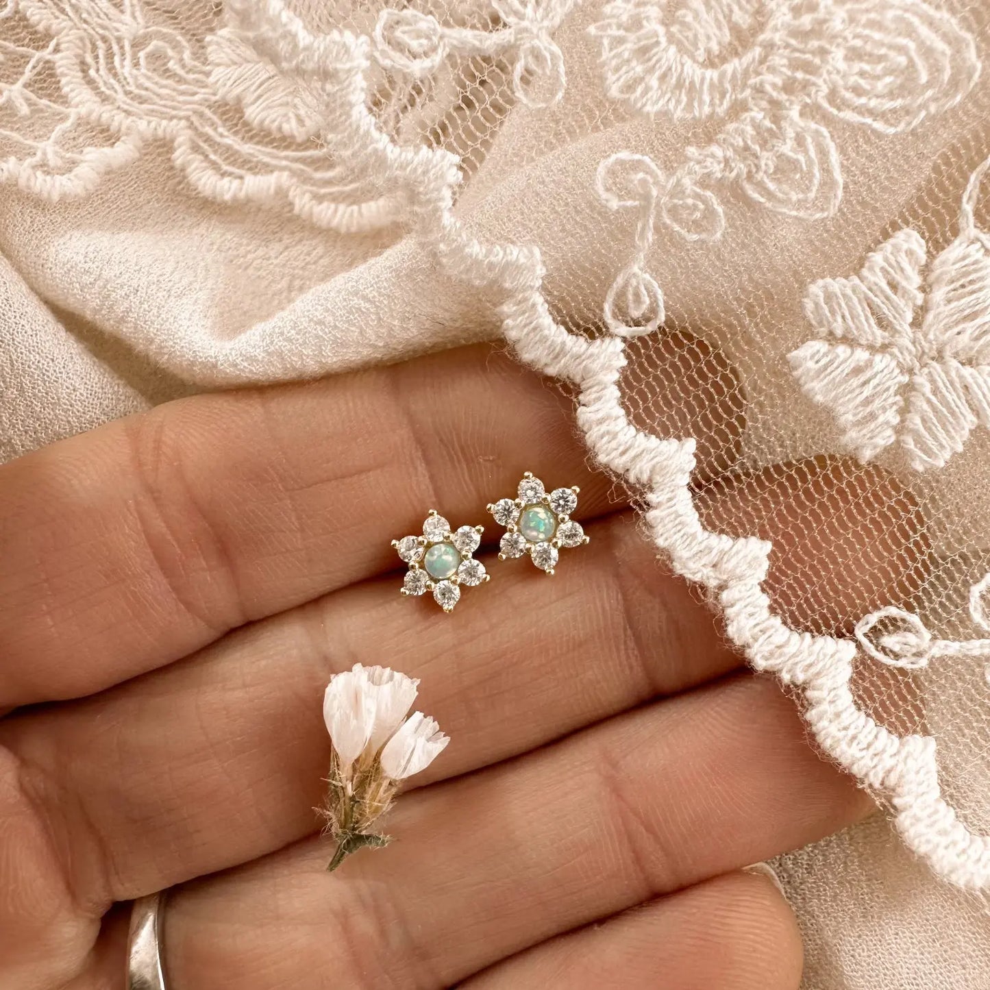 Turquoise opal + crystal flower studs - gold Lise's Pieces