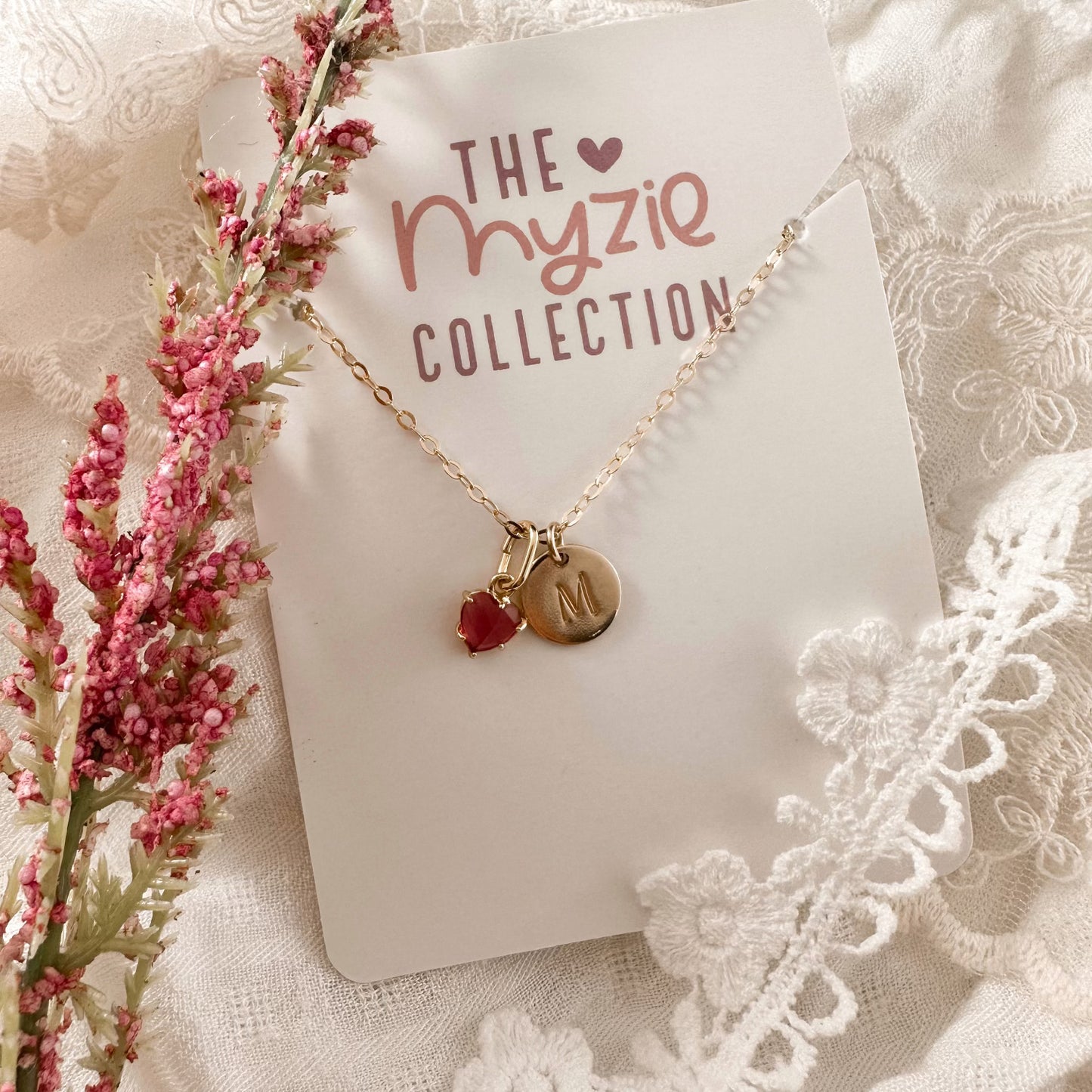 Monogram pink crystal heart necklace - Myzie collection