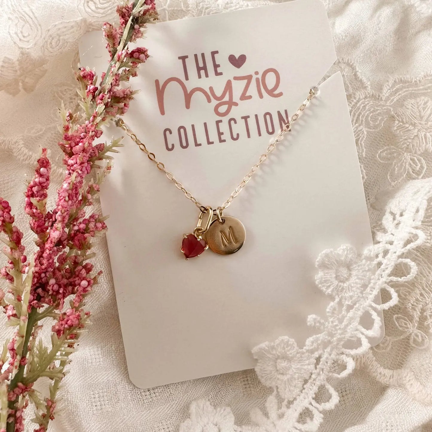 Monogram pink crystal heart necklace - Myzie collection Lise's Pieces