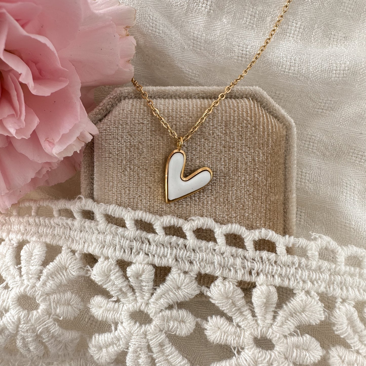 White enamel heart necklace