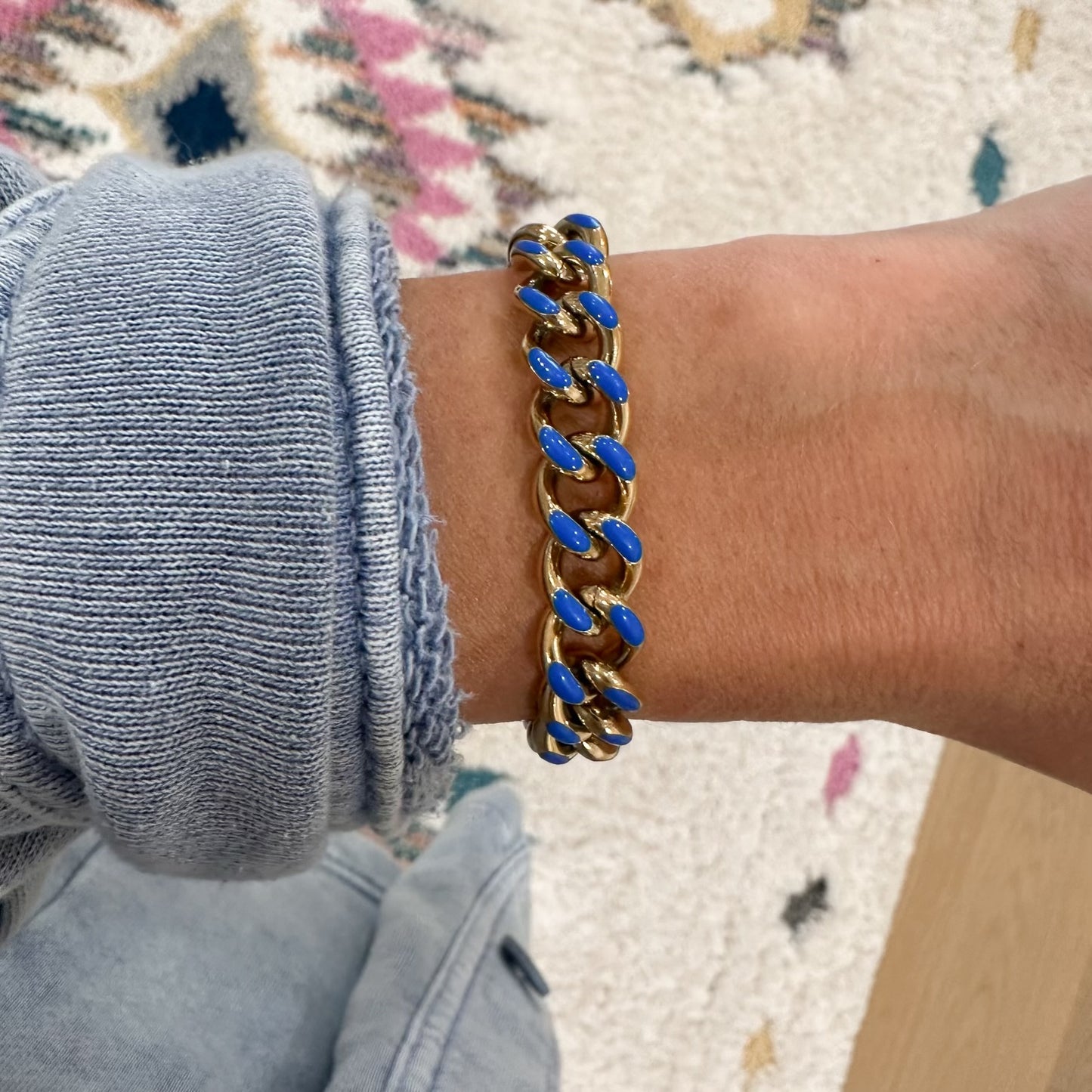 Blue enamel curb chain bracelet - gold