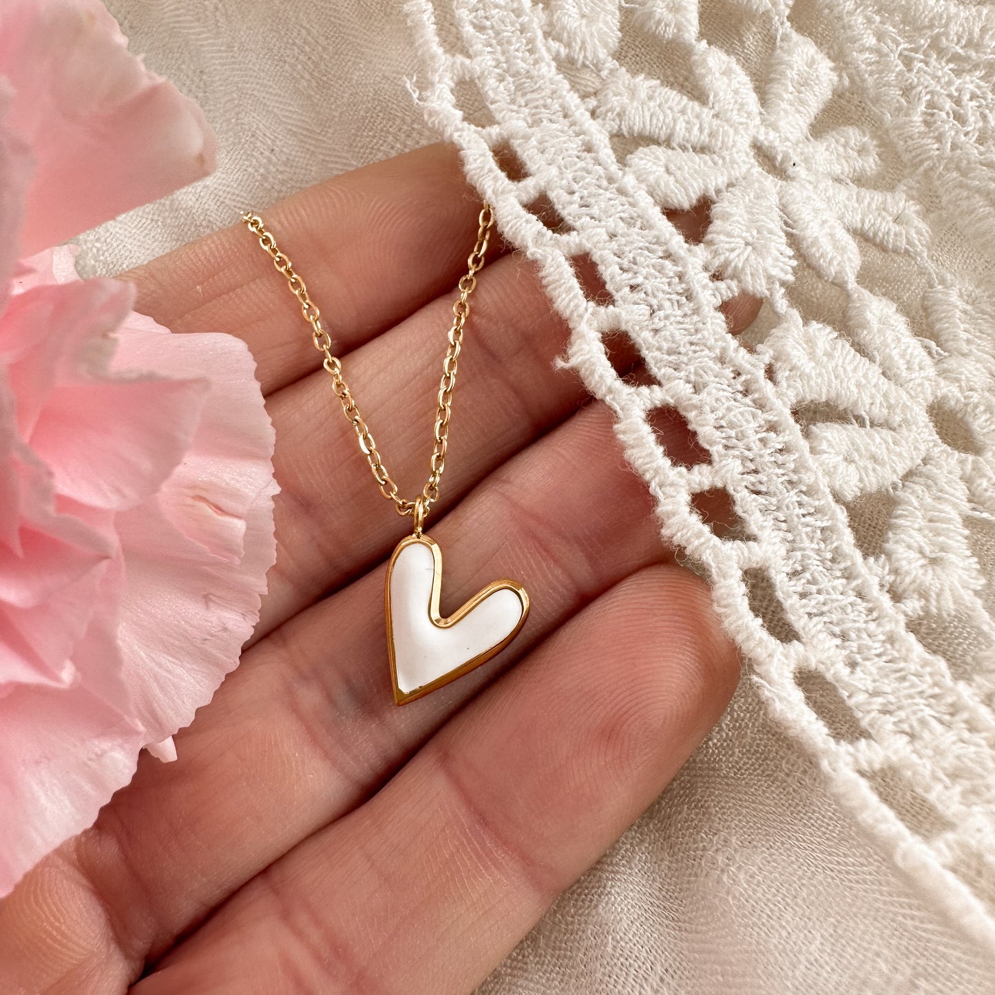 White enamel heart necklace