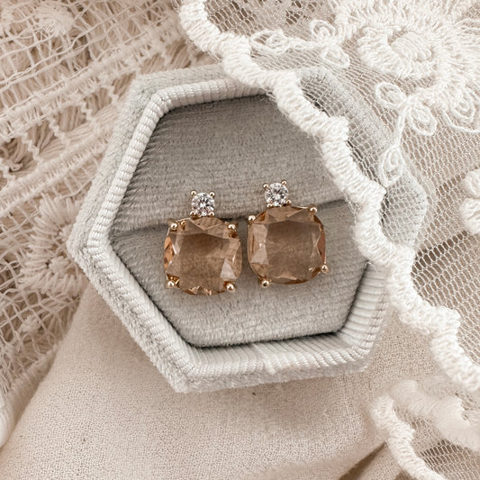 Square Peach + Crystal stone studs