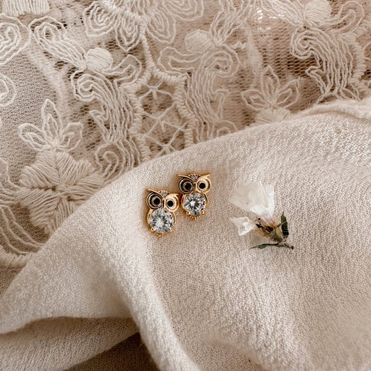Crystal owl studs - gold