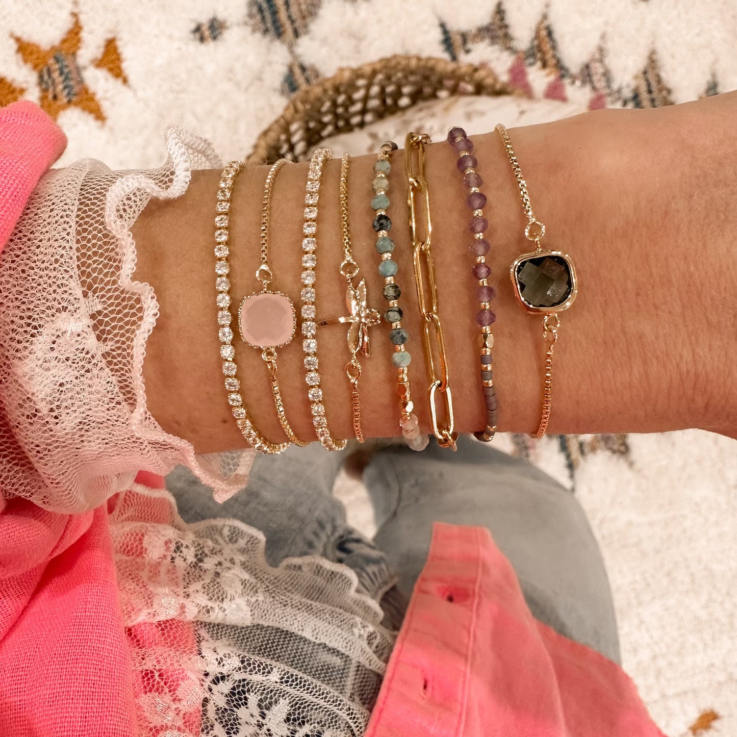 Frosted pink gemstone slide bracelet - gold