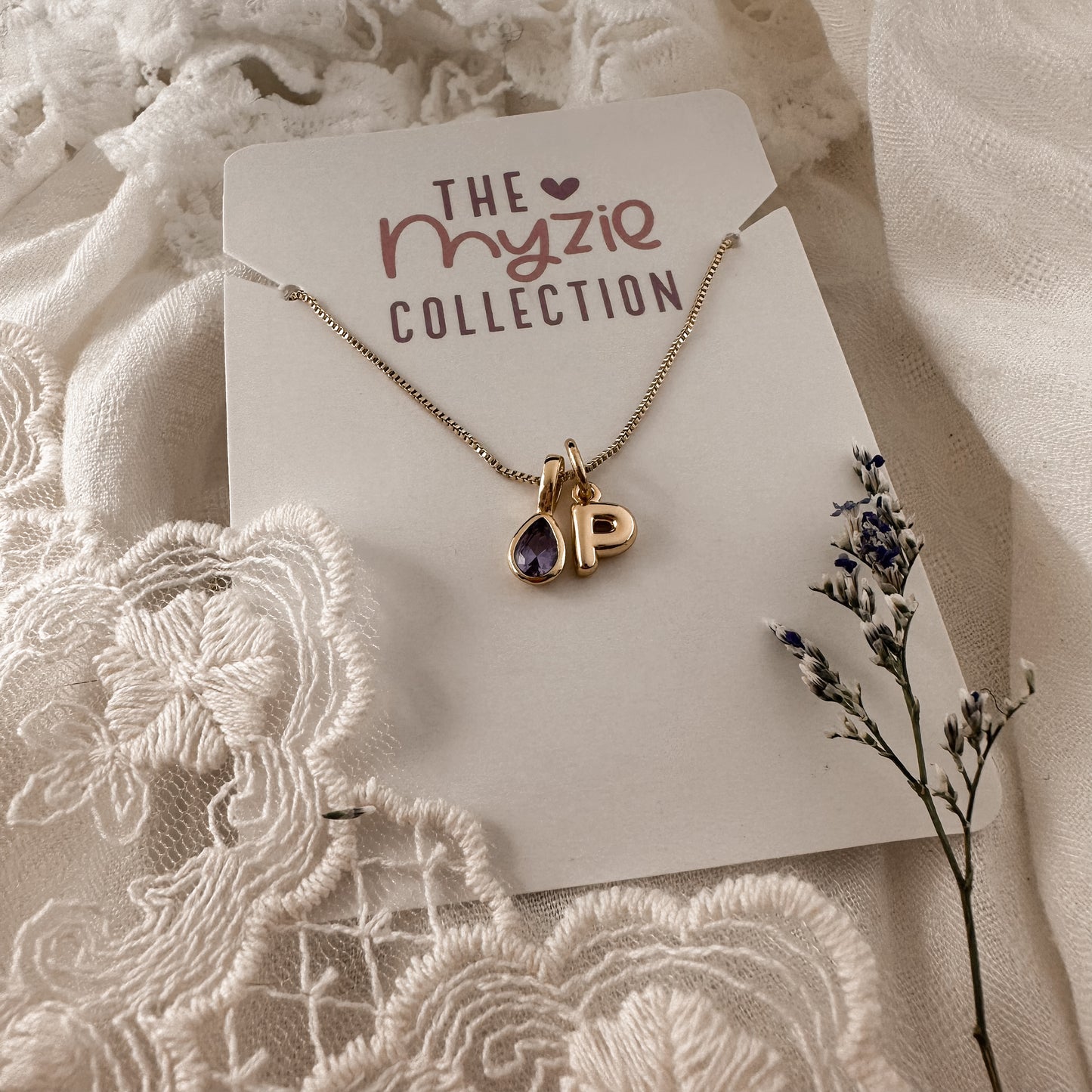 Birthstone + Bubble letter necklace / Myzie Collection