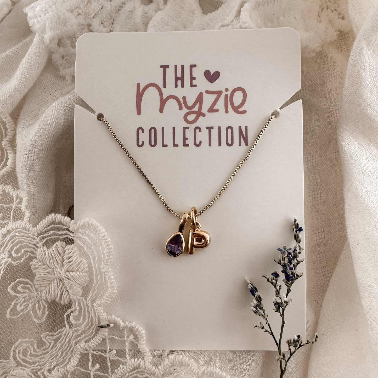 Birthstone + Bubble letter necklace / Myzie Collection