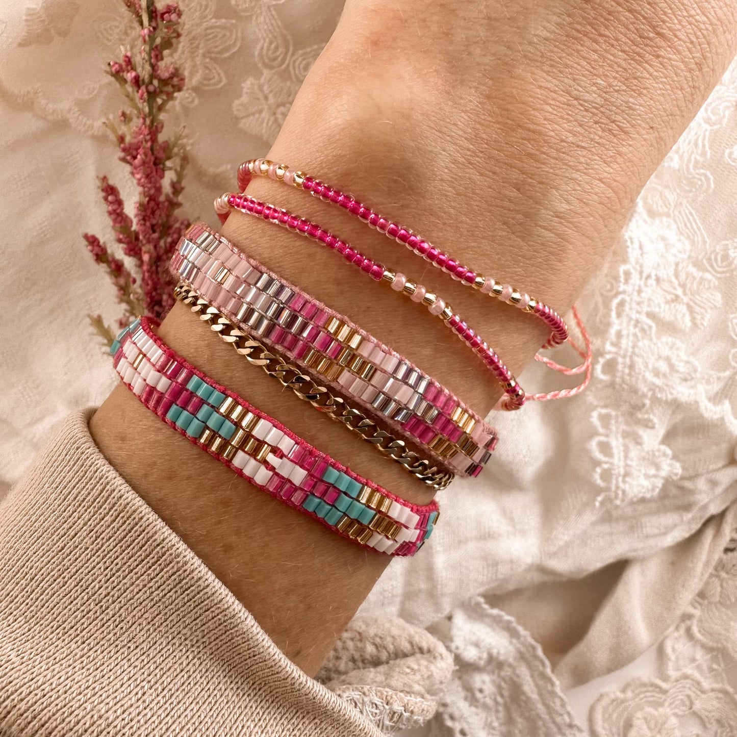 Pink beaded bracelet set