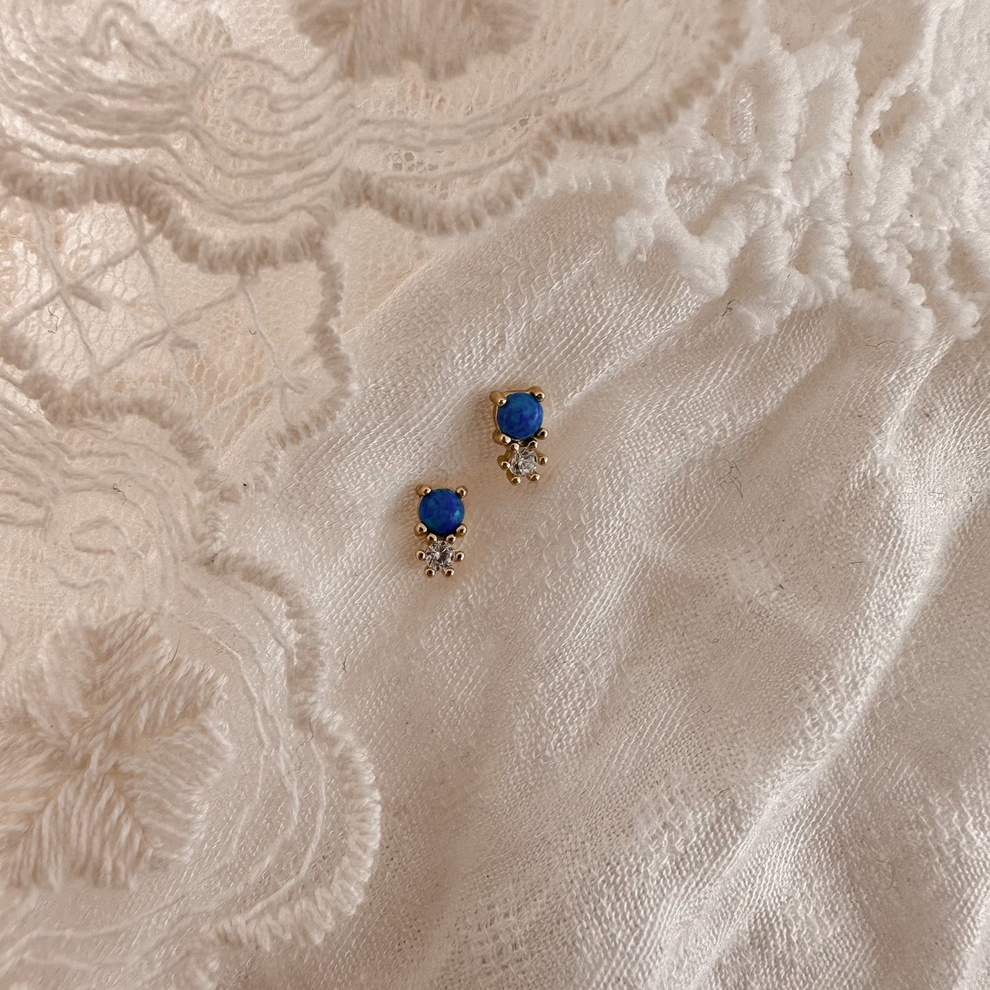 Blue opal + crystal studs - gold