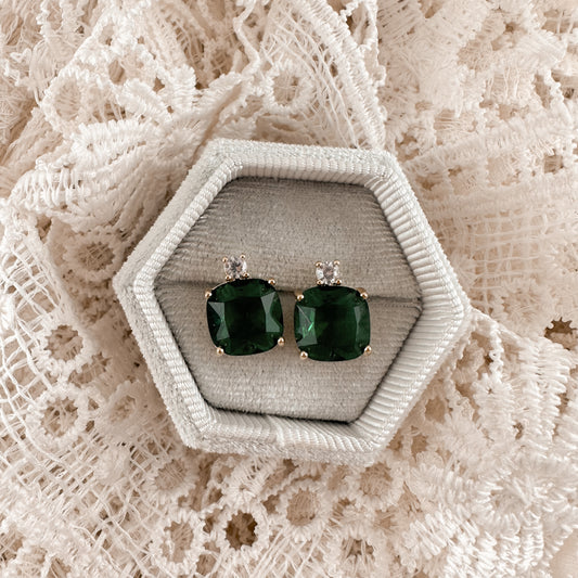 Square Emerald + Crystal stone studs